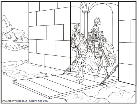 Knight and drawbridge colouring page