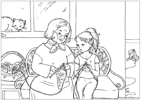 Knitting with Grandma colouring page Knitting with Grandma colouring page