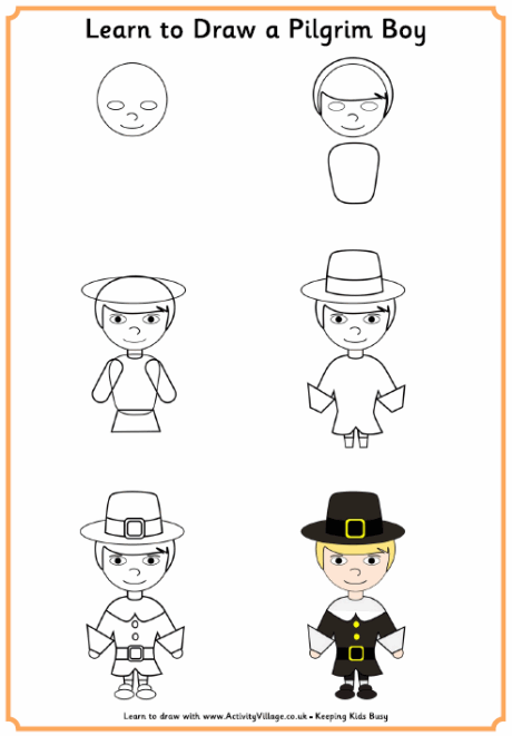 Learn to Draw a Pilgrim Boy - Thanksgiving Printables