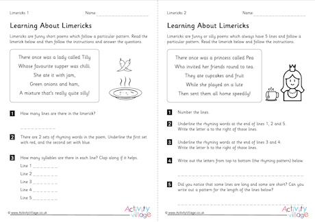 Learning about limericks worksheets