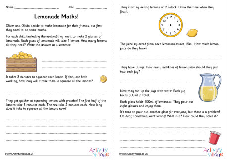 Lemonade maths worksheet