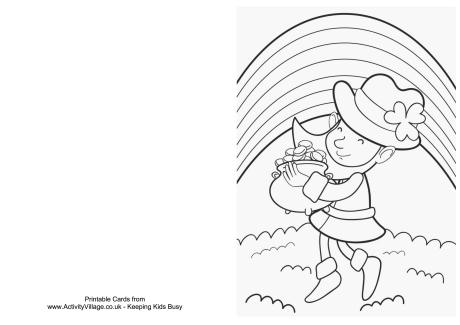 St Patrick's Day colouring card - leprechaun and rainbow