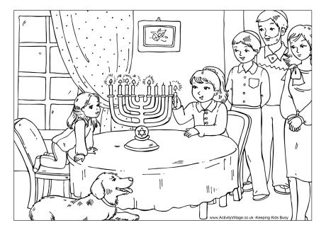 Lighting the menorah colouring page