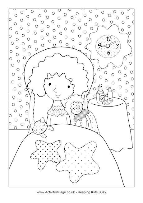 Little girl in bed sick colouring page