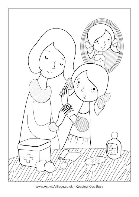 Little girl needs first aid colouring page