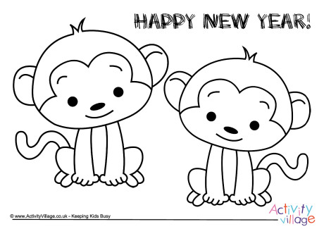 Little monkeys new year colouring page