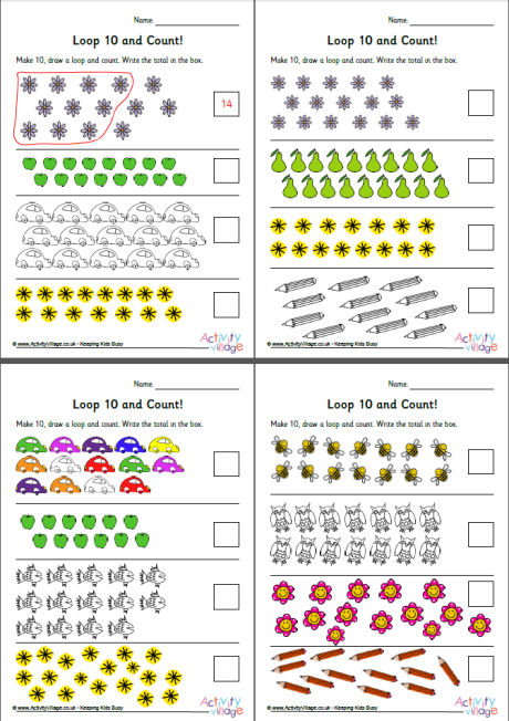 Loop 10 and count worksheets set 1