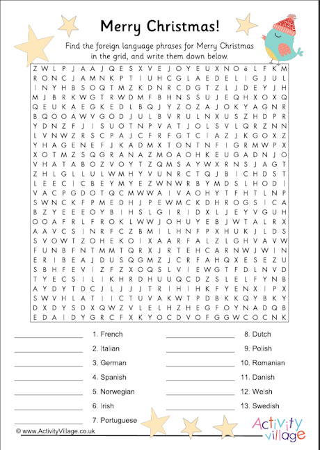Merry Christmas languages word search - clues only