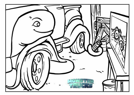 Monster trucks colouring page