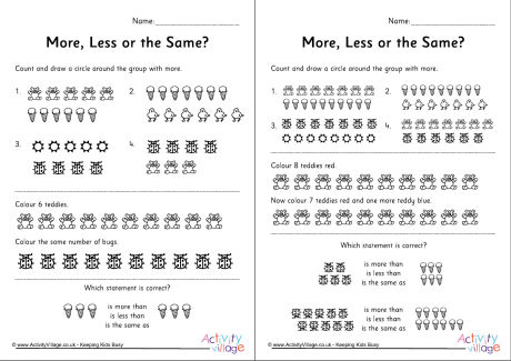 More, less or the same worksheets set 1