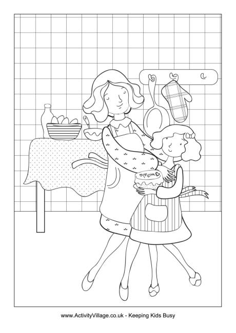 Mother and daughter baking colouring page