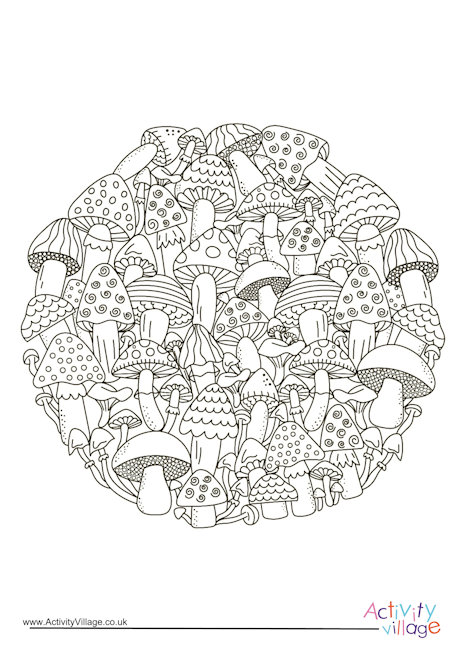 Mushrooms Circle Colouring Page