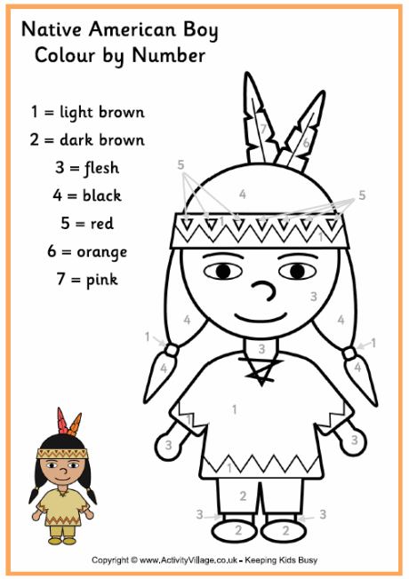 Native American boy colour by number