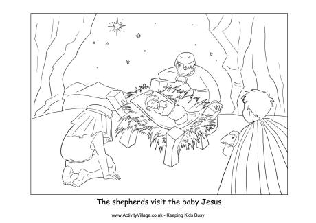 Nativity colouring shepherds visit baby Jesus