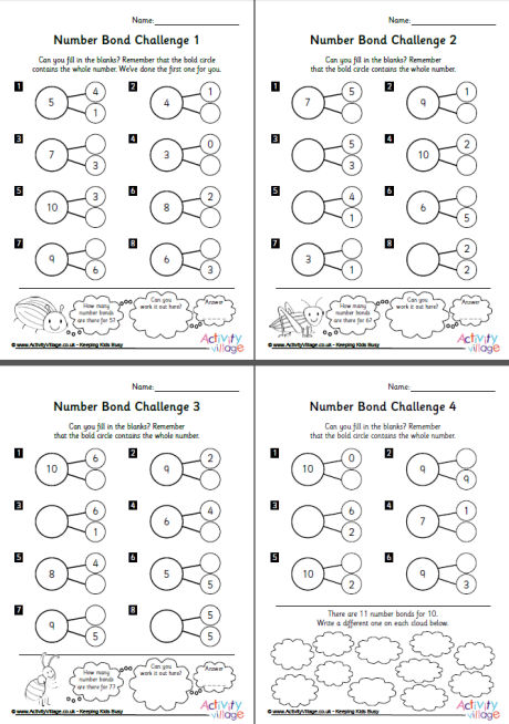 Number bond challenge worksheets set 1
