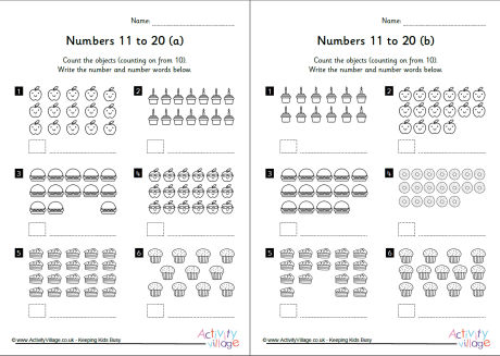 Numbers 11 to 20 worksheets set 1