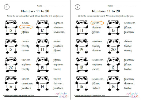 Numbers 11 to 20 worksheets set 2