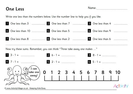 One less worksheets set 1 One less worksheets set 1