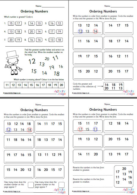 ordering numbers 11 to 20 worksheets set 1