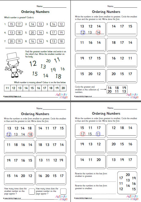 Ordering Numbers 11 to 20 Worksheets Set 1