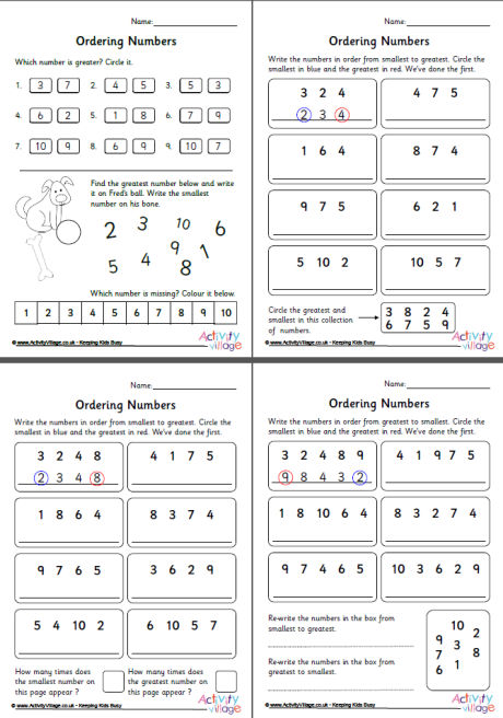 Ordering numbers 1 to 10 worksheets