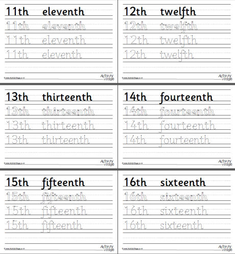 Ordinal number word handwriting worksheets 11 to 20