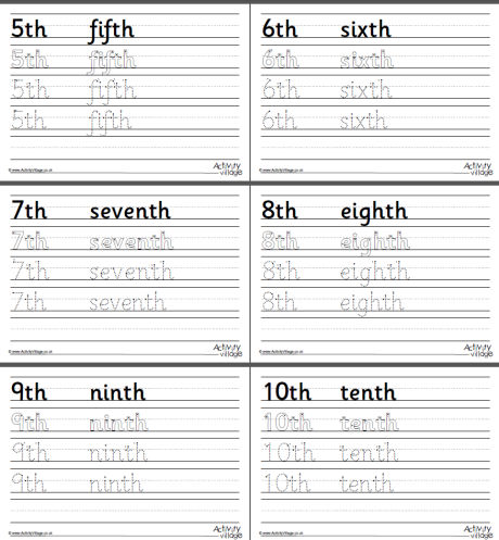 Ordinal number word handwriting worksheets 1 to 10