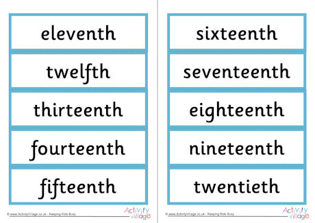 Ordinal numbers word cards 11-20