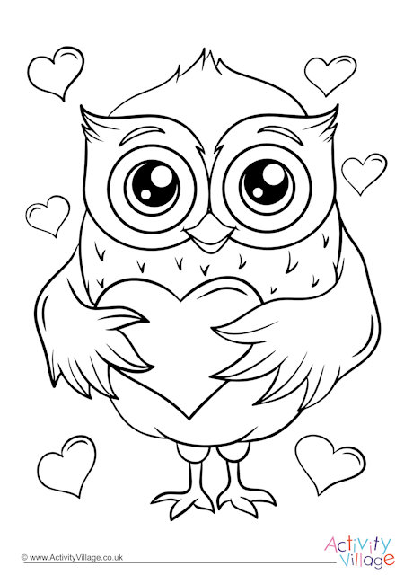 Owl Valentine colouring page