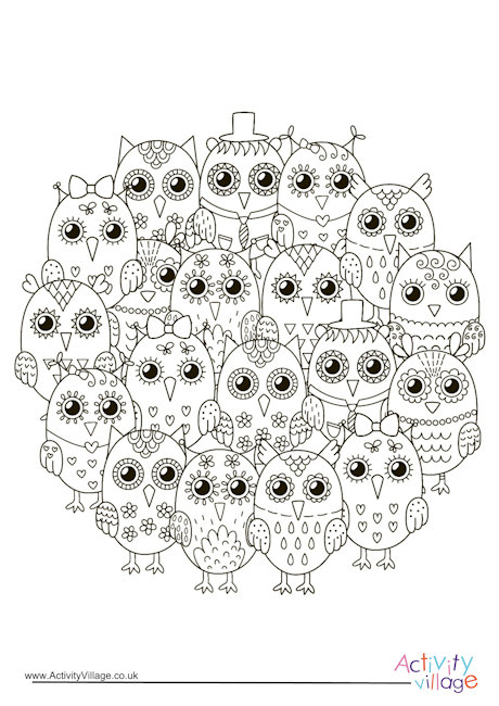 Owls circle colouring page 1