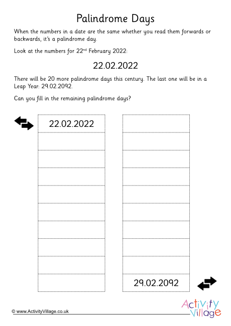 Palindrome days worksheet Palindrome days worksheet