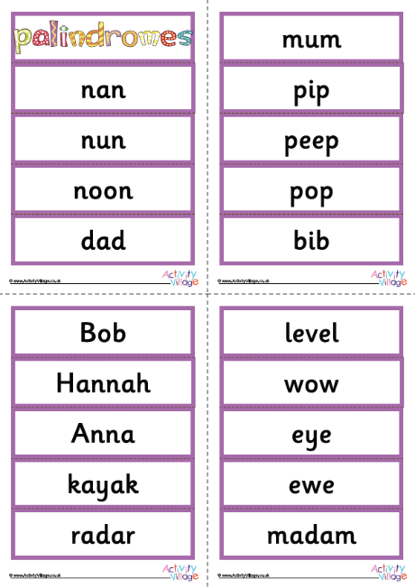 Palindrome word cards