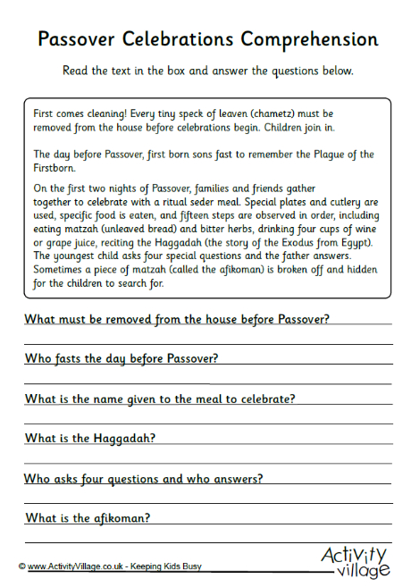 Passover Celebrations Comprehension Worksheet