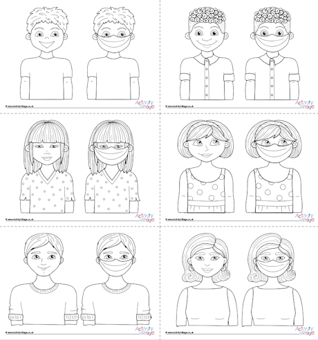 People wearing masks colouring page set