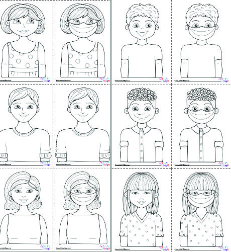 People wearing masks colouring pages set 2