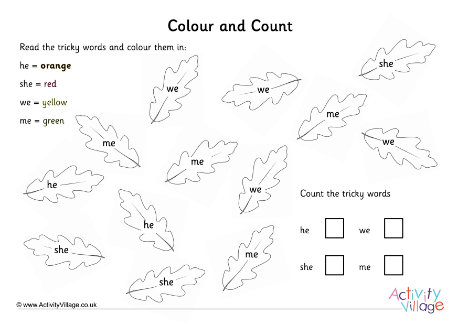 Phase Three autumn leaf tricky word colour and count
