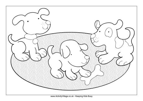 Puppies playing colouring page