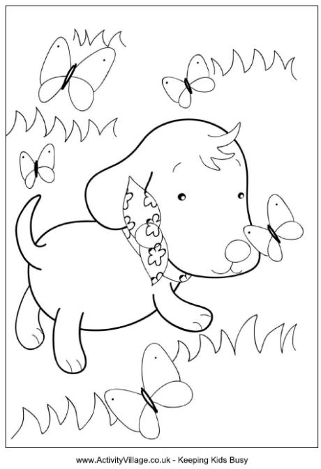 Puppy and butterflies colouring page