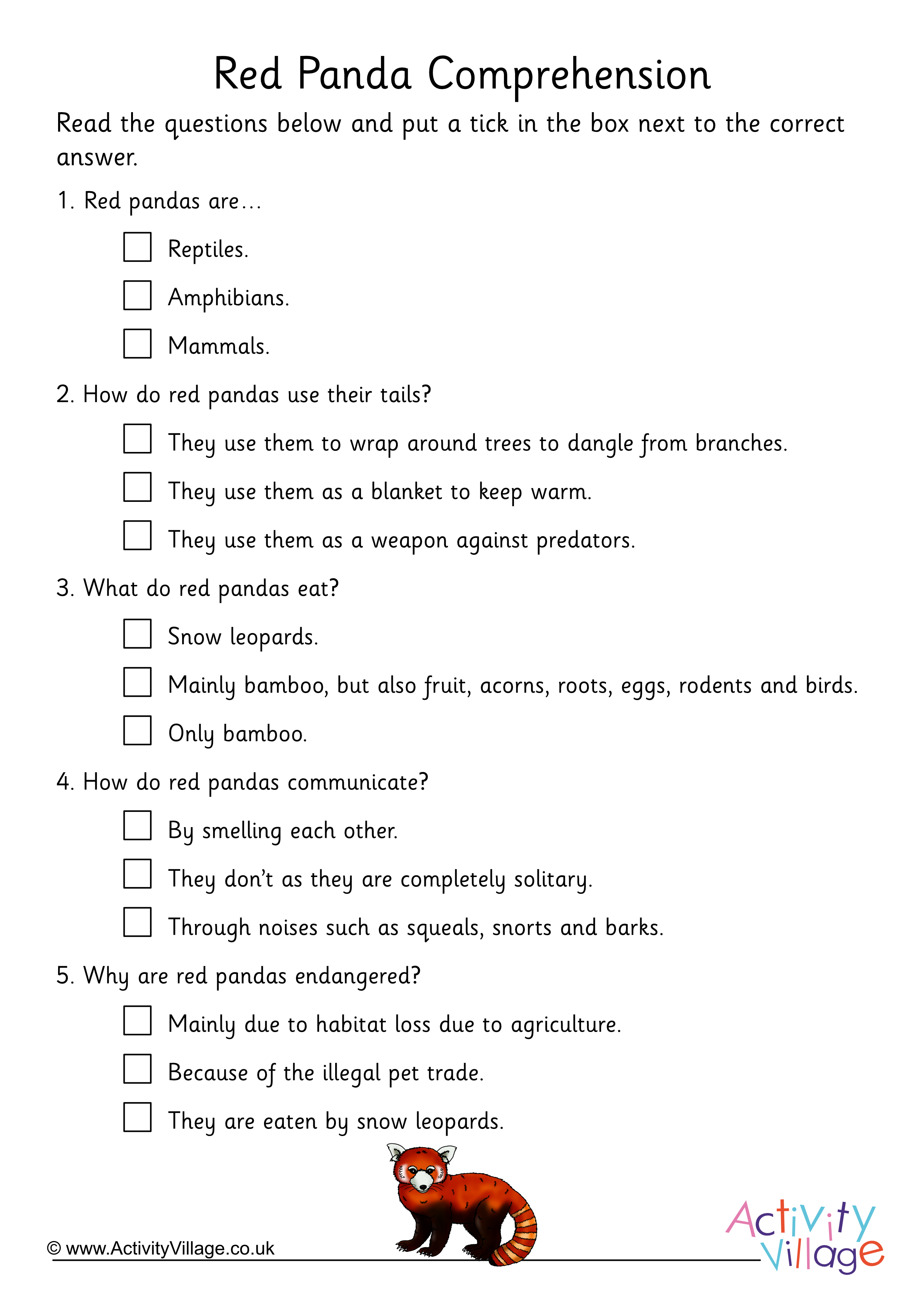 Red Panda Comprehension Multiple Choice Red Panda Comprehension Multiple Choice