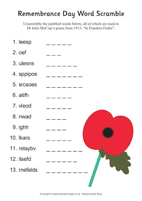 Remembrance Day word scramble