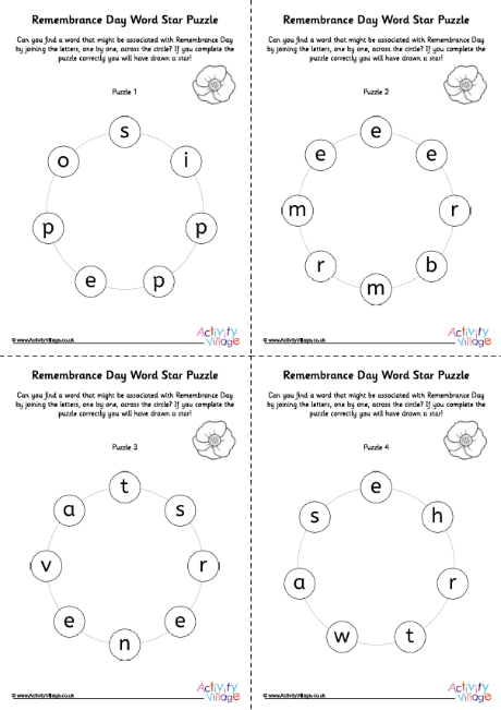 Remembrance Day word star puzzles Remembrance Day word star puzzles
