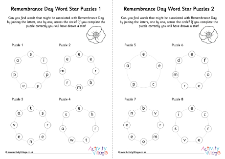 Remembrance Day word star puzzles - 4 per page Remembrance Day word star puzzles - 4 per page