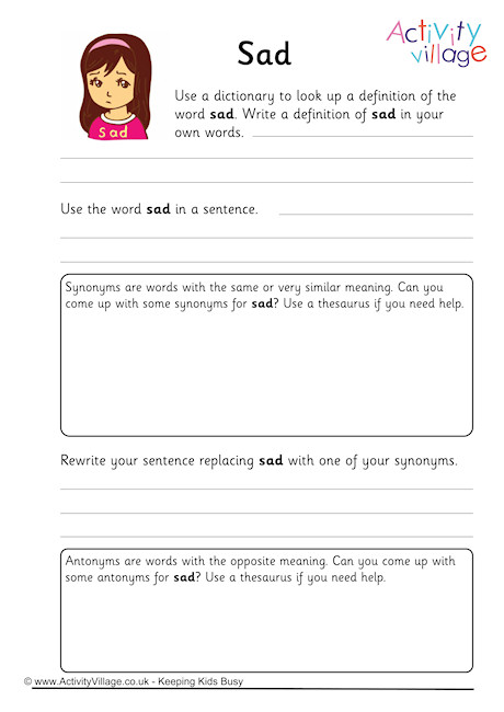 Sad Vocabulary Worksheet