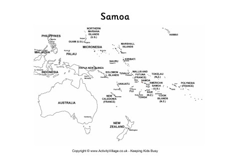 Samoa on map of Oceania