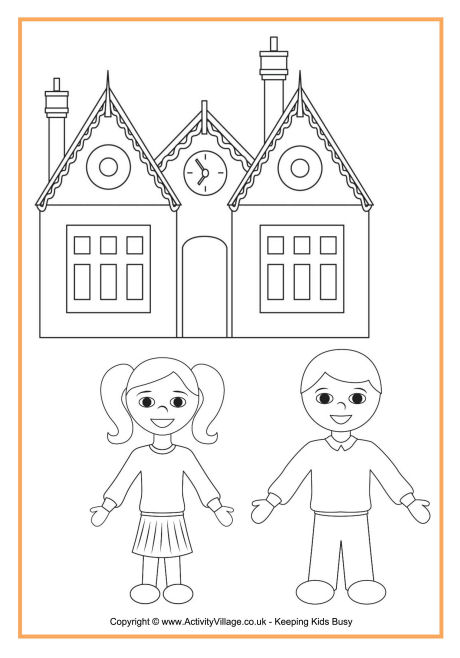 School colouring page with children