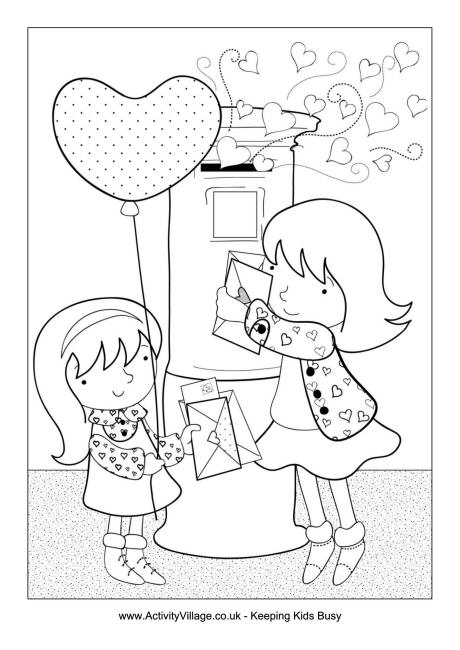 Sending a Valentine colouring page 