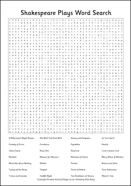 Shakespeare Plays Word Search