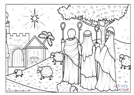 Shepherds looking down to Bethlehem colouring page