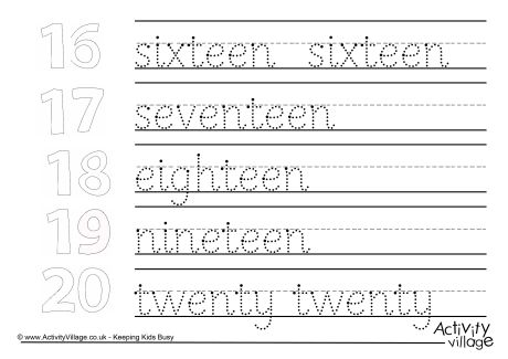 Sixteen to twenty handwriting worksheet