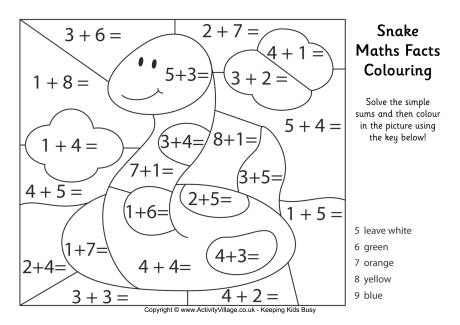 Snake maths facts colouring page